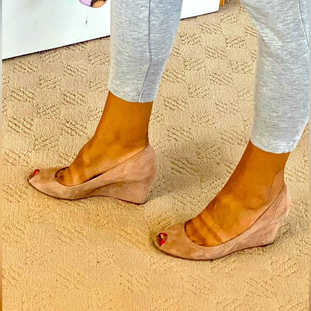 Size 8 beige J Crew peep toe wedges, 2 inch heel, suede